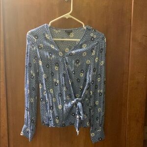 Talbots Multicolored V-Neck Long Sleeve Tie Front Blouse